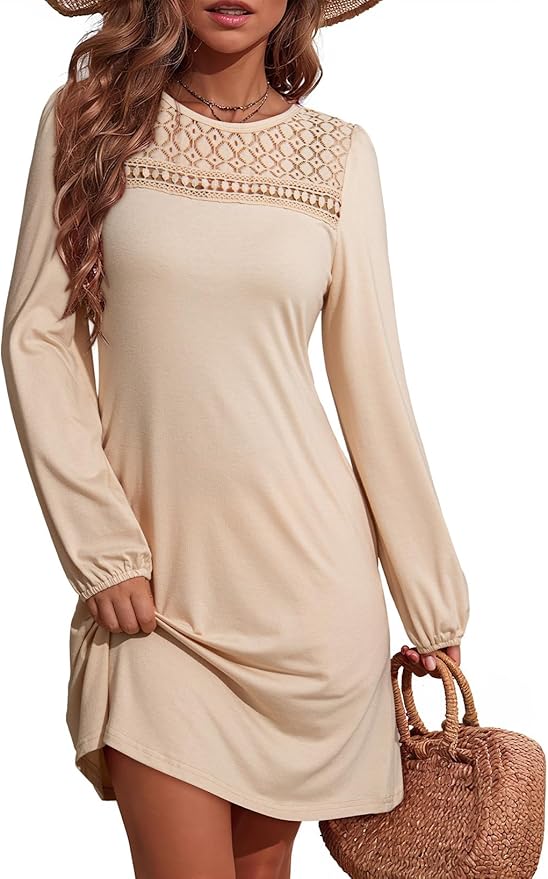 Dokotoo Dresses for Women Crew Neck Long Sleeve A Line Shift Dress Solid Color Loose Fit Mini Dress