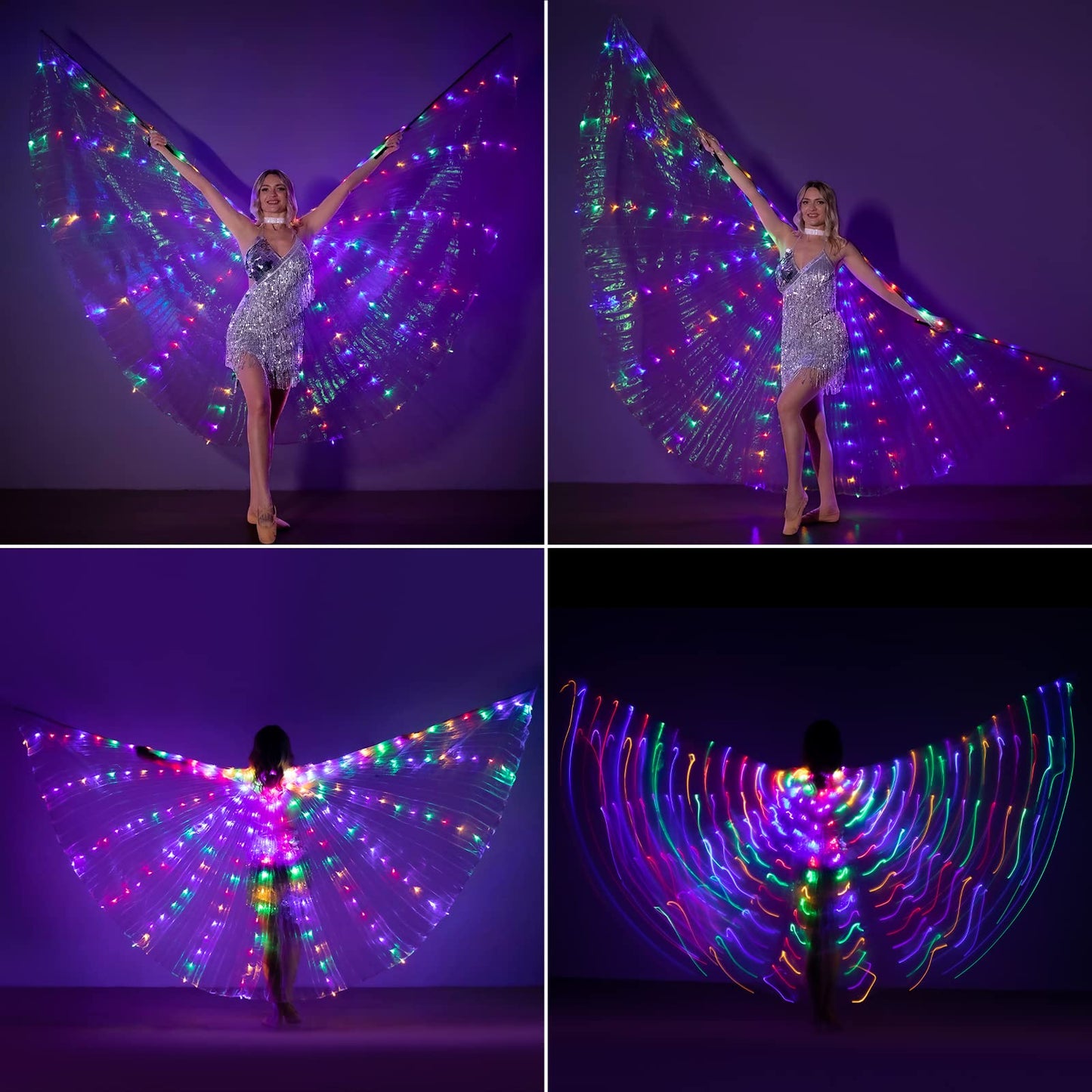 iMucci LED Lights Belly Dance Wing Isis Wings with Sticks for Adults and Child (40inch for Kids, Transparent Wings Multicolor Lights)