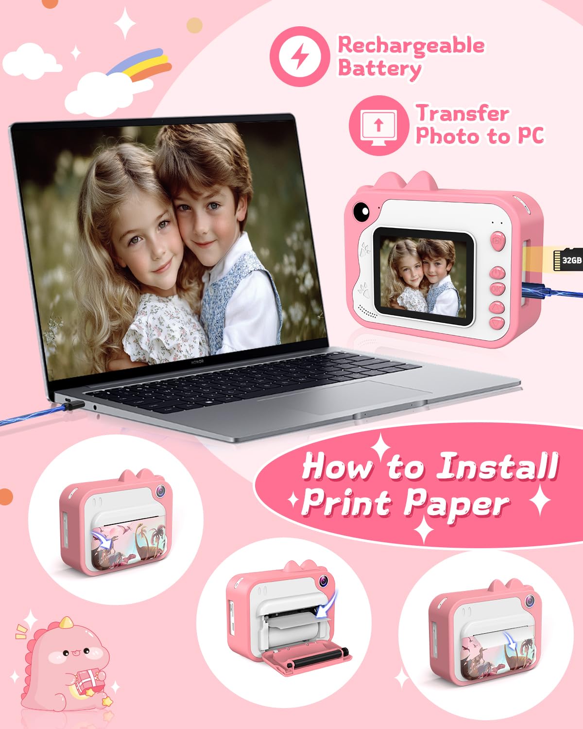 Kids Camera Instant Print, Dinosaur Instant Print Camera for Kids with 1080P Video, 32GB SD Card, 240 Photos, Christmas Birthday Gifts for Boys Girls Ages 3-12 (Pink)