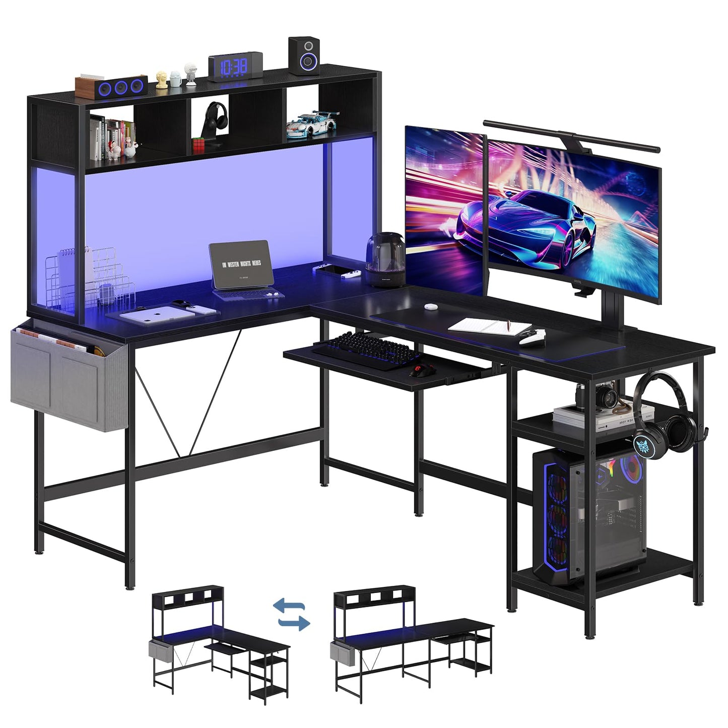 DUMOS 67" L Shaped Gaming Desk, Corner Desk for Compact Spaces with Keyboard Tray & Storage Shelf,Reversible Computer Desk with LED Lighting,Metal Frame PC Gaming Table for Home Office Bedroom, Black