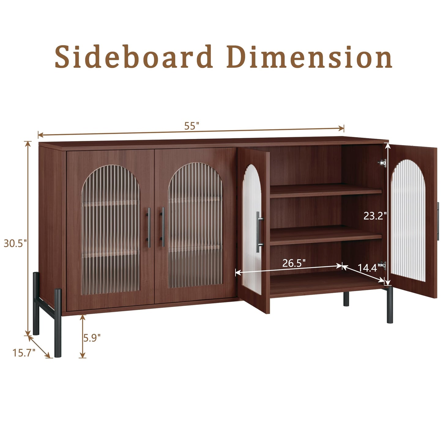 HUAHUU Sideboard Buffet Cabinet with Storage, 55" Modern Sideboard Cabinet with 4 Fluted Arcylic Doors & Adjustable Shelves, Wood Buffet Console Table for Living Room, Kitchen, Dark Walnut