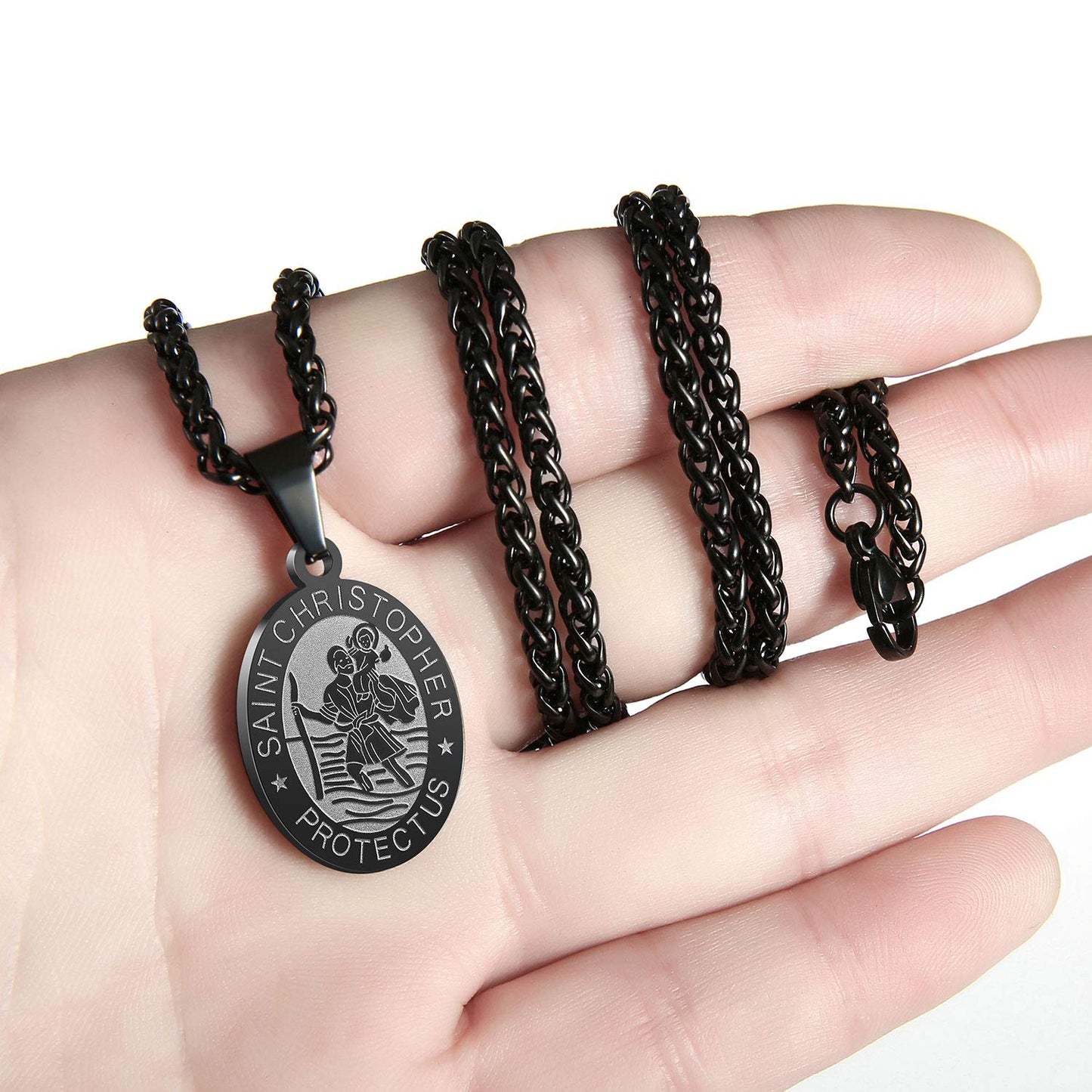 Zocomi Black Saint St Christopher Medal Necklace for Men Boys, St. Patron Pendant Chain Jewelry Catholic Christian Religious Bap