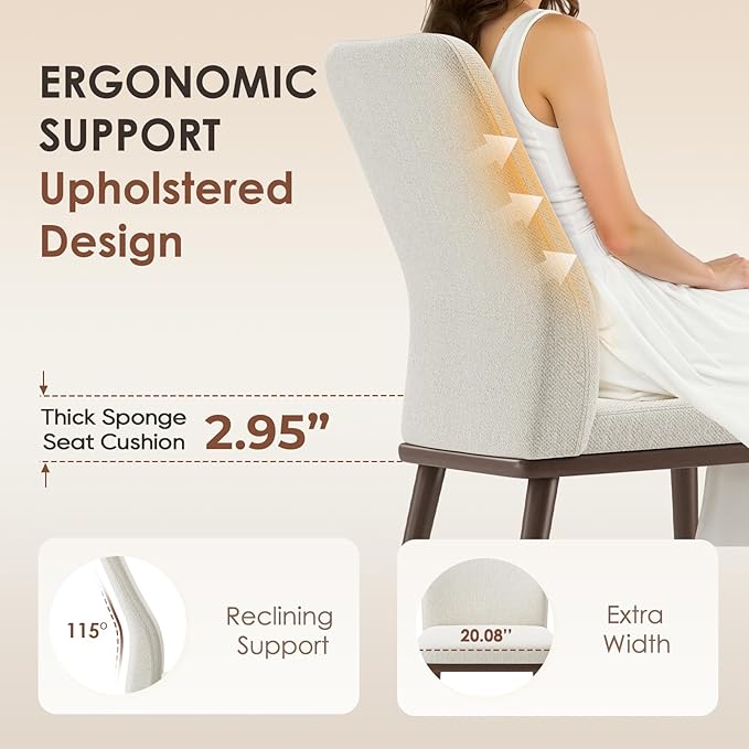 MALOL Upholstered Dining Chairs Set of 2, Modern Kitchen Chairs with High Back, Padded Fabric Dining Room Chair with Solid Wood Legs for Restaurant/Cafe/Home, Beige