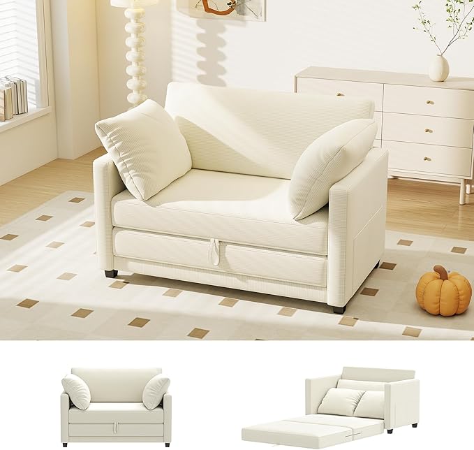 Myroyalsit 51" Convertible Loveseat Sofa Bed, 2-in-1 Folding Sofa Bed with 2 Pillow for Small Spaces, Modern Loveseat Sleeper Couch for Apartment, Living Room & Guest Room (Corduroy Beige, 51 inch)