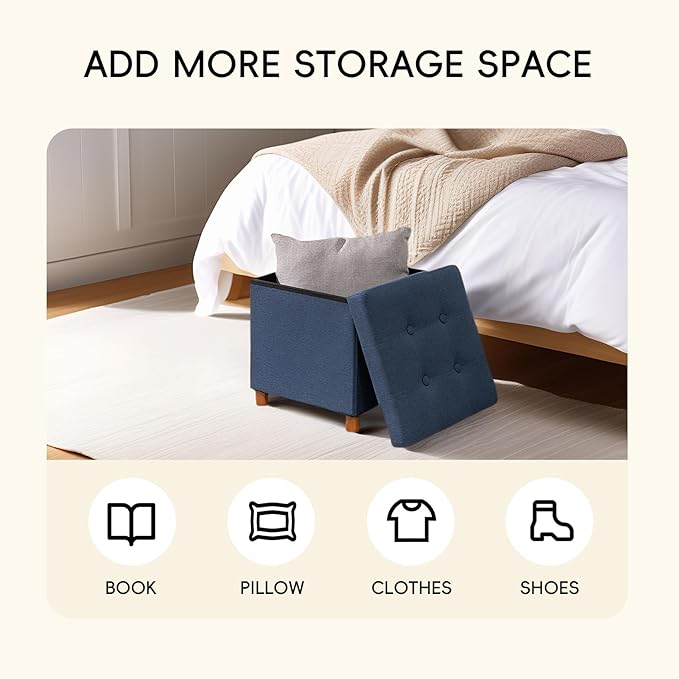 PINPLUS Storage Ottoman Cube, White Linen Footrest with Wooden Legs, Foldable Fabric Footrest, Comfortable Seat with Lid, Ottoman with Storage for Living Room, 15" x 15" x 15"，Blue