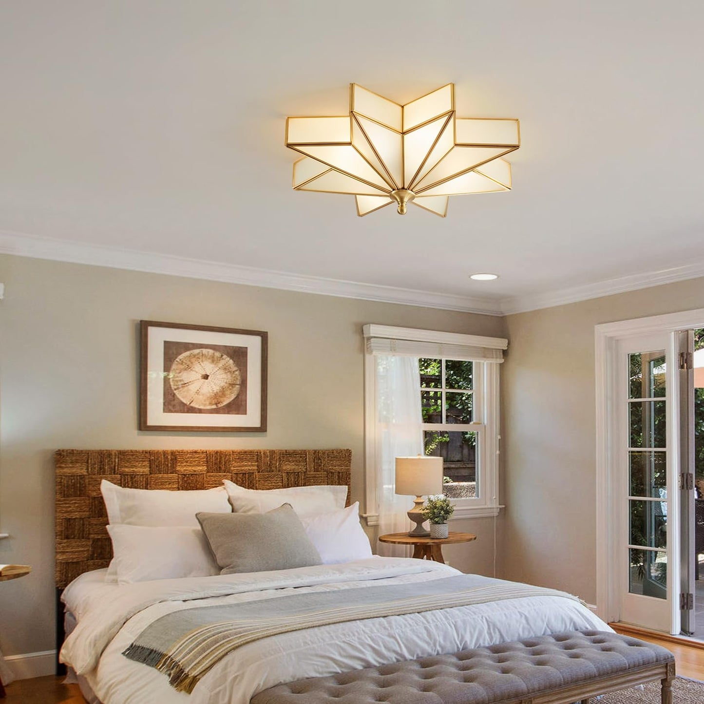 Gold Star Flush Ceiling Light - 19.5 Inch Brass Glass Large Mount Fixture - Art Deco Mid Century Vintage Modern Moravian Lighting Lights for Bedroom Dining Kitchen Foyer Farmhouse Living Room Fixtures