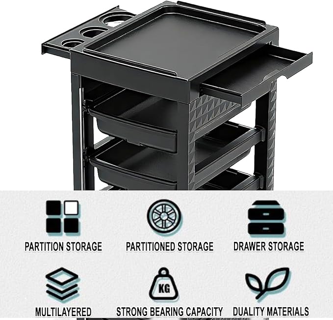 Salon Trolley Cart with Wheels & 5 Drawers, Salon Rolling Stations for Hair Stylist,Hairstylist for Beauty Tattoo Hairdressing Beauty Equipment, Black (T27-5DRAWER)