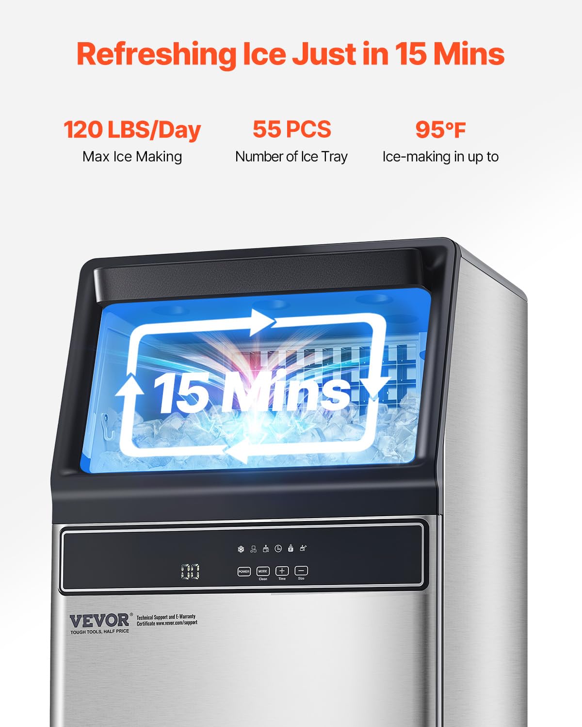 Vevor 120Lbs/24H Commercial Ice Maker Machine With Drain Pump, 33Lbs Storage Capacity Ice Maker, 55 Ice Cubes In 15 Minutes, Led