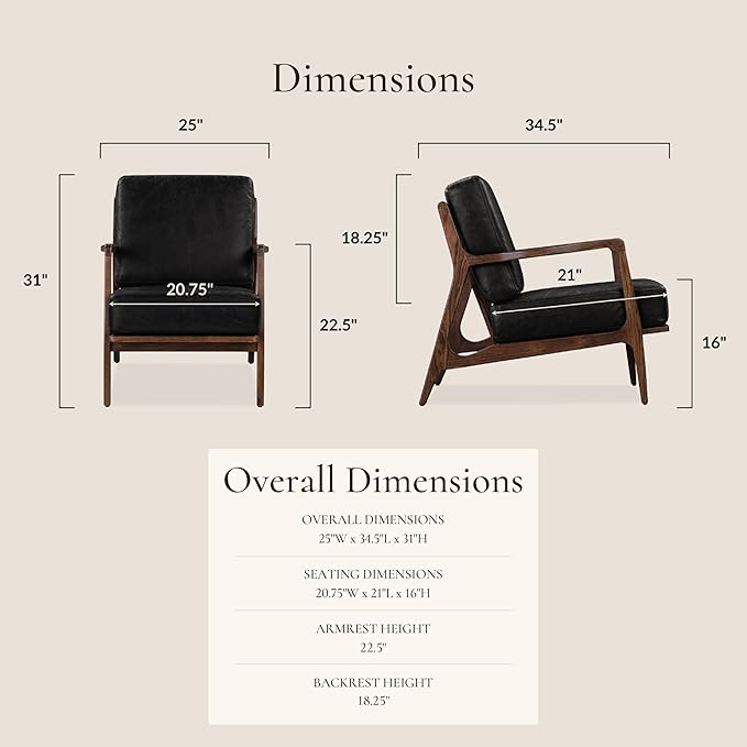 Poly & BARK Verity Leather Accent Chair – Armchair with Walnut Wood Frame – Fashion-Forward Lounge Seating for Living Room – Upholstered in Onyx Black Leather for Modern Style