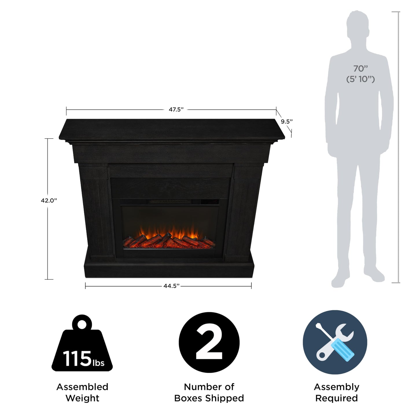 Real Flame Crawford 48 Slim Indoor Electric Fireplace With Mantel For Living Room Or Bedroom, Replaceable Fireplace Insert Heate
