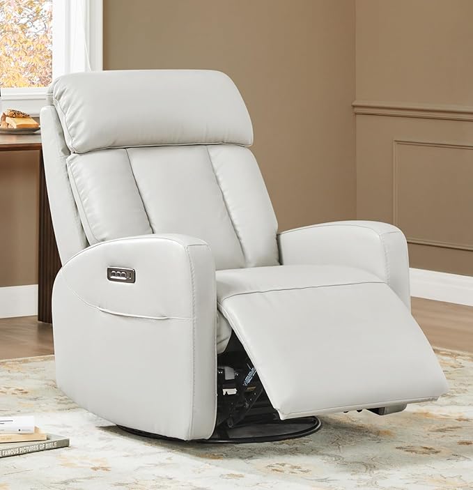 CHITA Leather Power Swivel Recliner Chair for Adults, Triple Motor Electric Rocker Recliner for Living Room with Adjustable Headrest and Lumbar Support, USB & Type-C Charging Ports, Creamy Grey