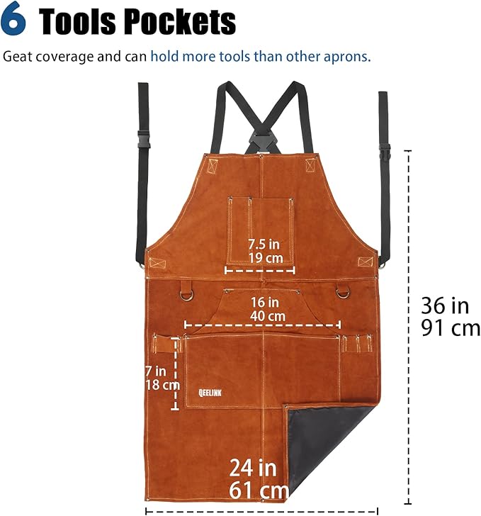 QeeLink Leather Welding Work Apron with 6 Tool Pockets, Heat & Flame Resistant Welder Aprons, 24" x 36", Adjustable M to XXXL