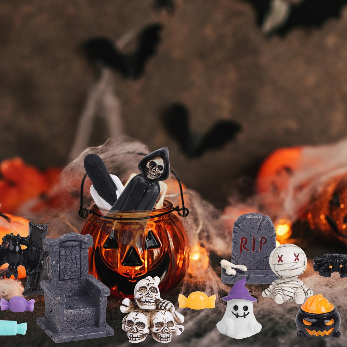 DIYASY Halloween Miniature Figurines, 40 Pcs Mini Resin Craft Decorations Tiny Miniatures Dollhouse Ornaments Small Fairy Garden Décor Village Accessories