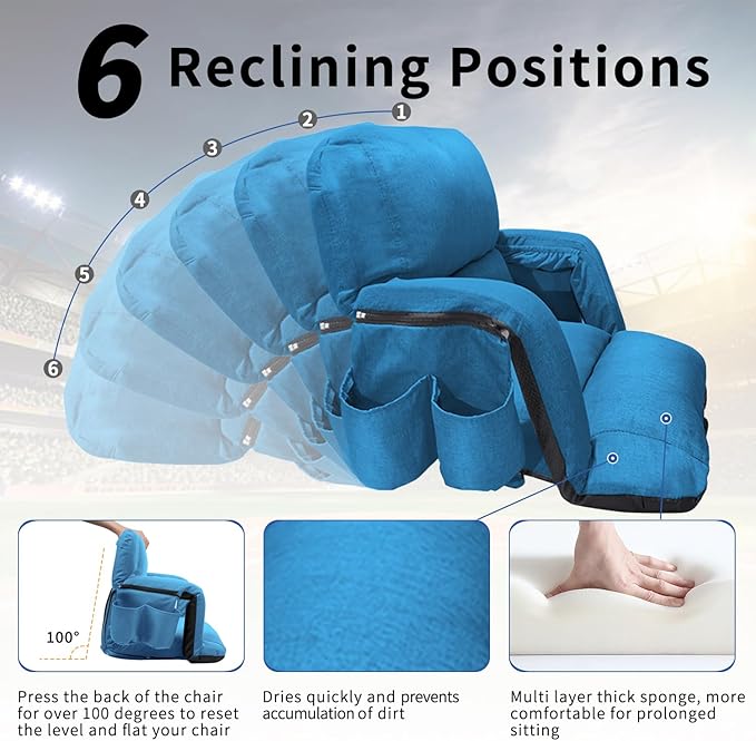 Stadium Seats with Back Support,Wide Stadium Chairs with Back and Cushion, Sofa Style Stadium Seats, 6 Reclining Positions, Extra Thick Bleacher Seat for Sports Events (Blue-1 Pack,Wide |22.5")