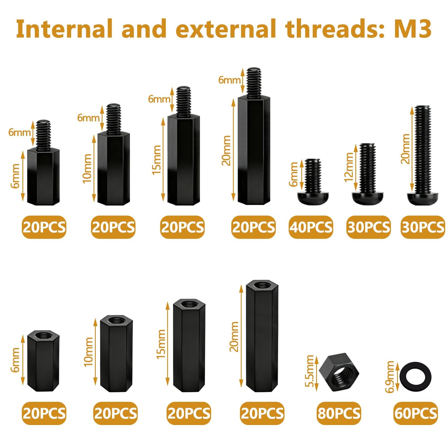 Aienxn 640PCS M3 Brass and Nylon Motherboard Standoffs Kit, Male Female Hex Spacer Standoff Screws Nuts Suitable for Circuit Board, PCB Board etc