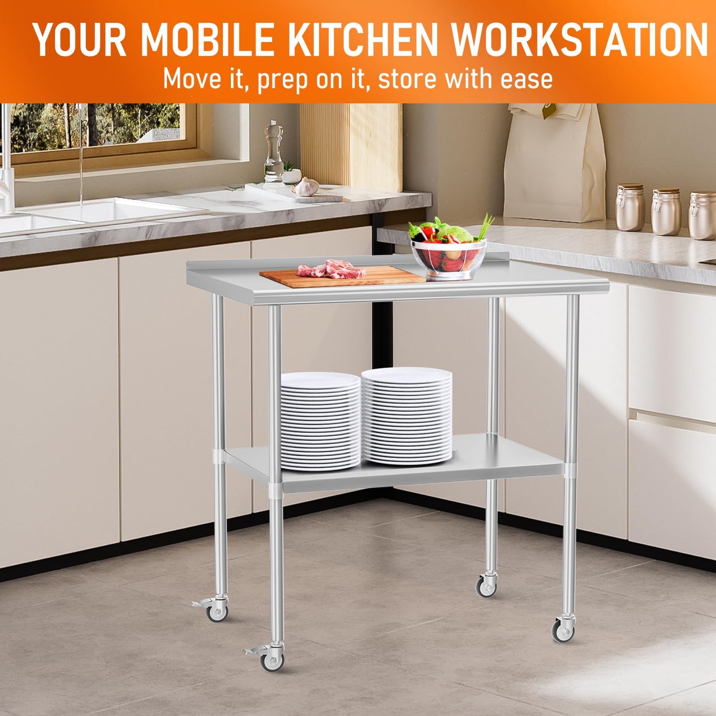 HOCCOT Stainless Steel Prep Table 30" X 36" with Adjustable Undershelf, Backsplash and Wheels, Commercial Metal Workstations for Kitchen, Garage, Outdoor BBQ