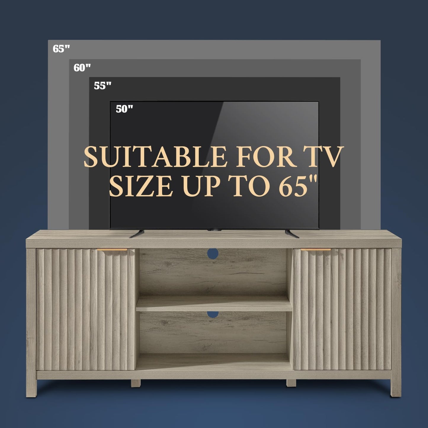 OAKHAM HOME Fluted TV Stands for Living Room, Heavy Duty Entertainment Center with Storage, Mid Century Modern Television Stands for 50/55/60/65 TV, Oxford Media TV Console (Medium,Grey Oak)