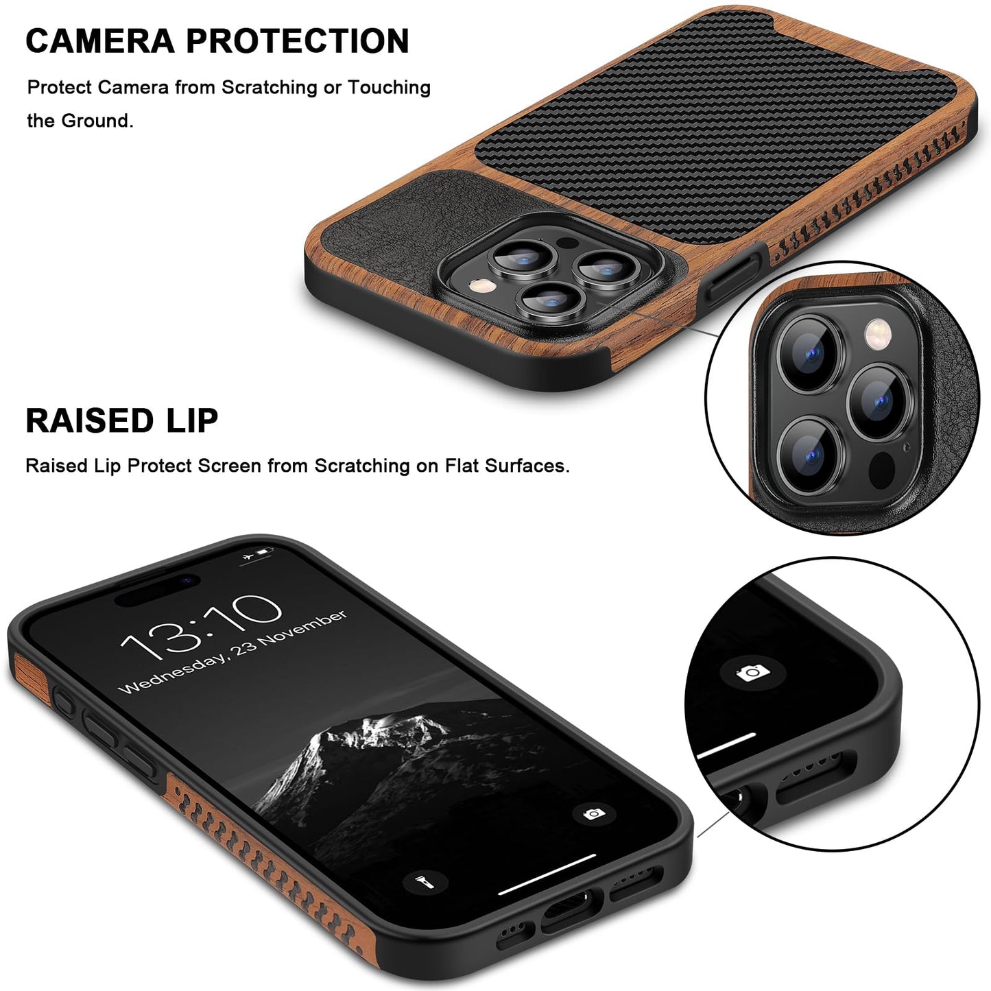 Tendlin Magnetic Slim Case Compatible With Iphone 15 Pro Max Black | Wood Grain, Carbon Fiber Texture Design, Leather, Hybrid, C