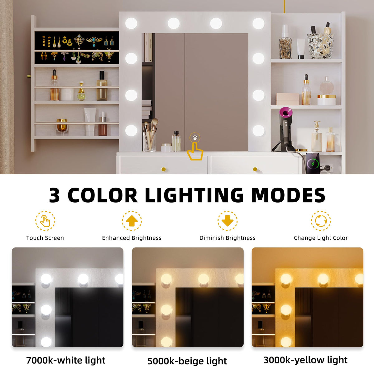 YITAHOME Makeup Vanity Desk with Mirror & Power Outlet, Hollywood Vanity Set with Hidden Jewelry Storage, 5 Drawers and Lots Shelves, Adjustable 3 Lighting Colors, Dressing Table with Stool, White