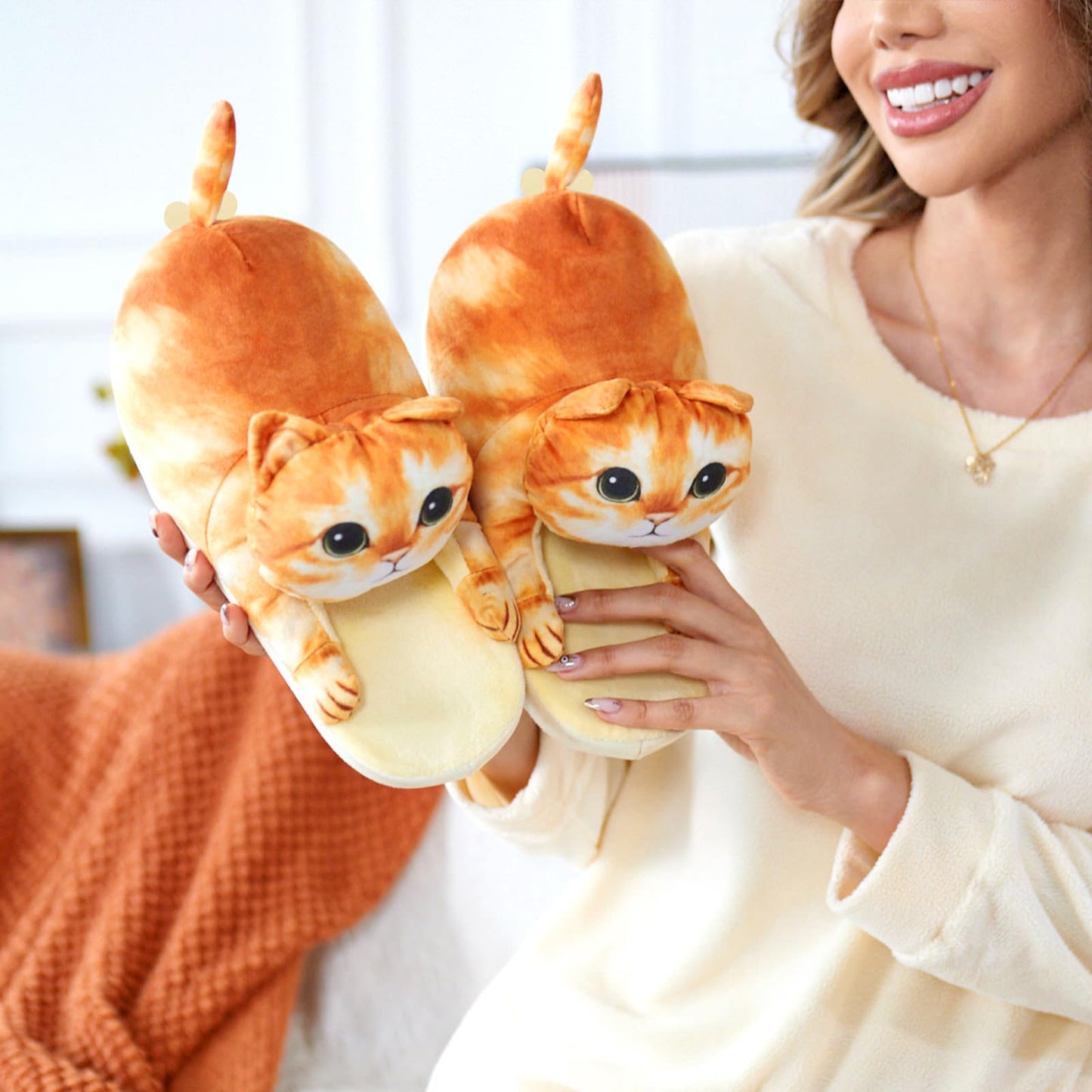 Infaccial Fuzzy Orange Cat Slippers for Women Indoor and Outdoor, Funny Animal House Shoes with Soft Memory Foam,Comfy Plush Warm Slip-on Slippers,Birthday Gifts for Cat Lover