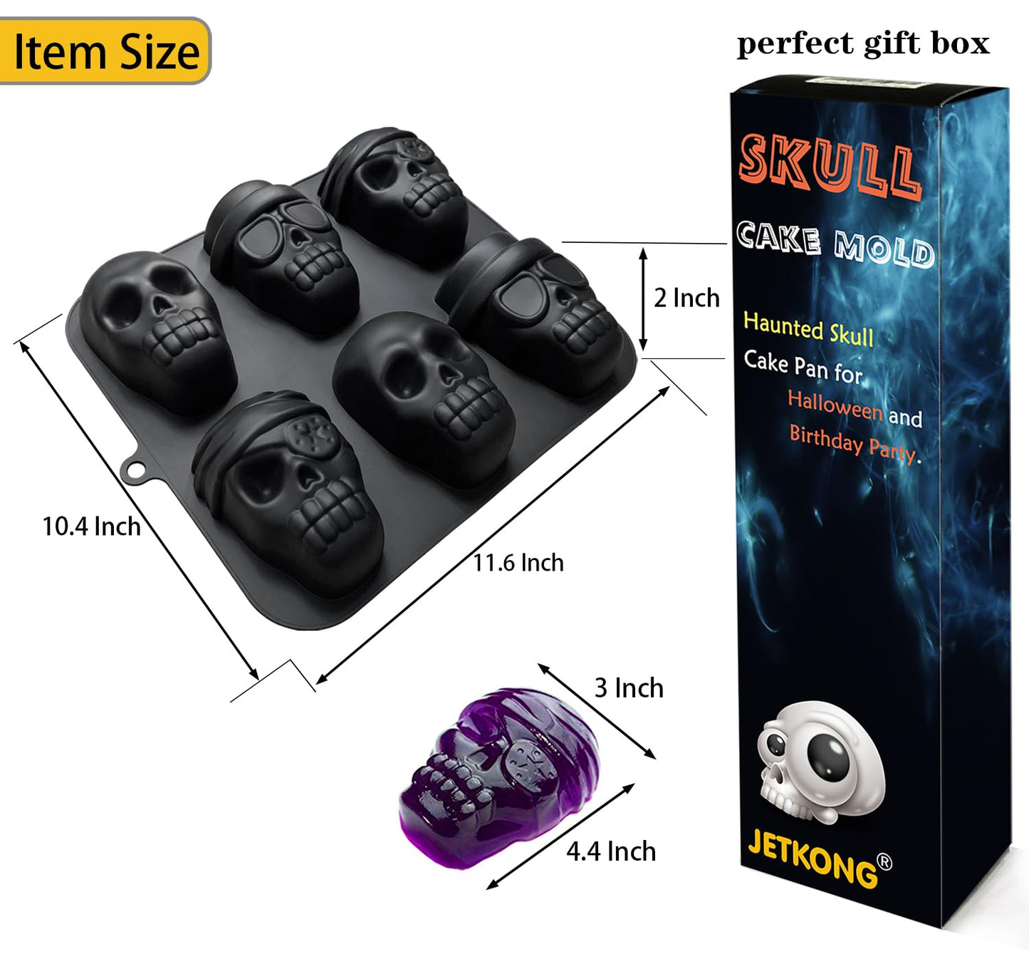 JETKONG Skull Cake Pan Silicone Skull Cakelet Mold Skull Pirate Cake Tin Baking Pan (Black)