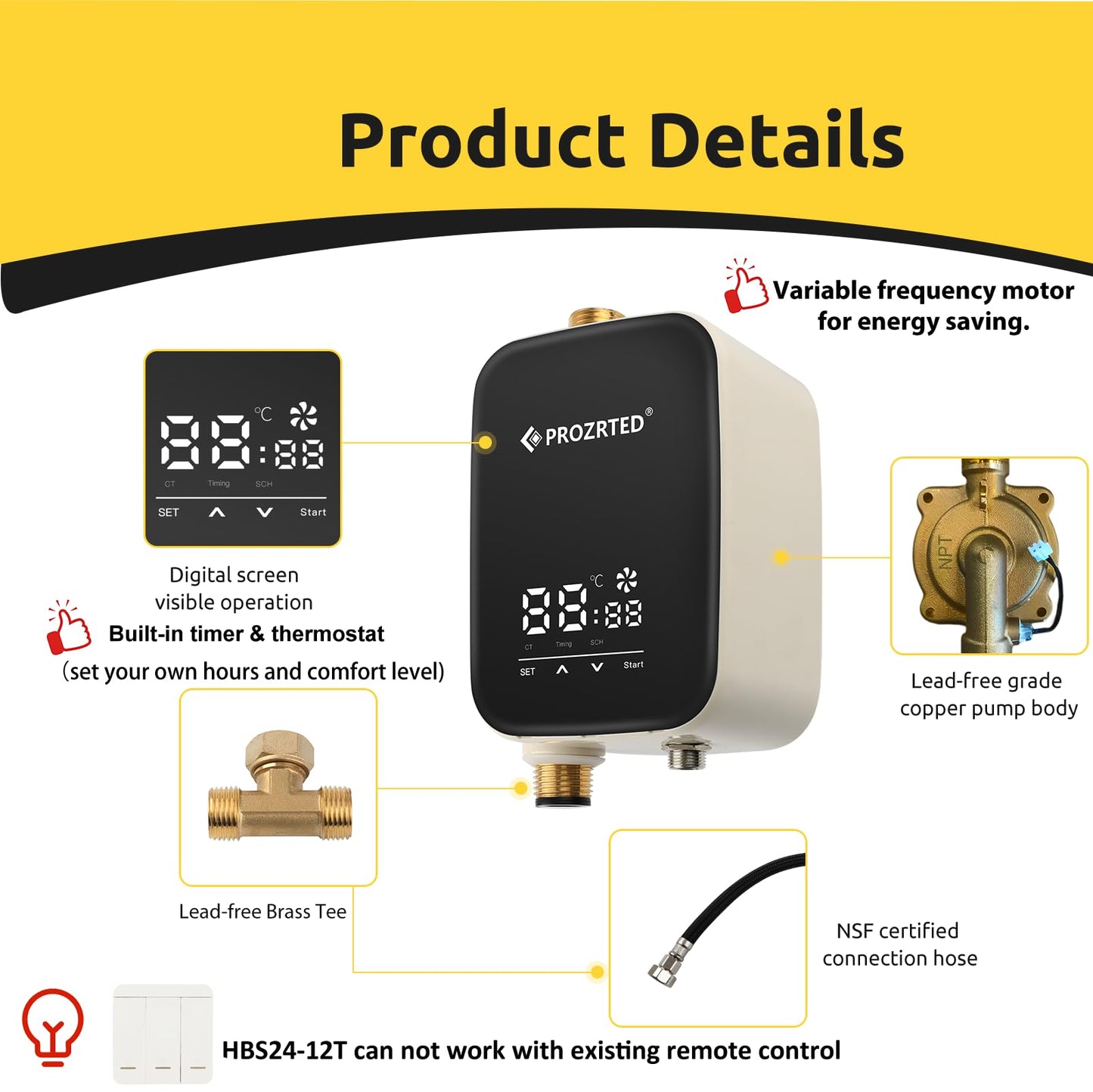 HBS24-12T Digital Smart Instant Hot Water Recirculating Pump Kit – Built-in Thermostat, Timer, Digital Screen, Extremely Quiet, Under Sink Recirculation System