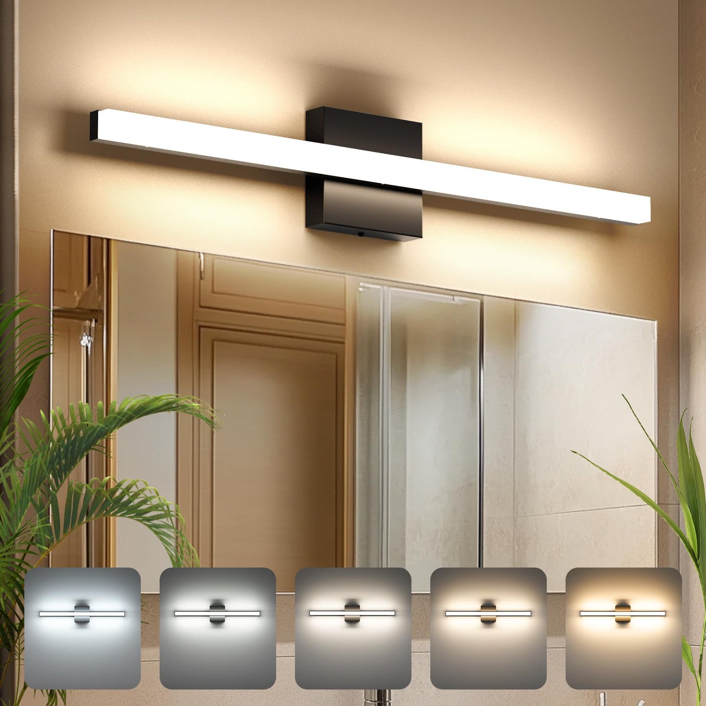 Aourow Modern Bathroom Vanity Lights 20W 2000lm 23.6in,Dimmable 5CCT LED Vanity Lighting Fixture Over Mirror,IP44 Wall Mounting Mirror Light Bar for Bathroom Cabinet(Matte Black)
