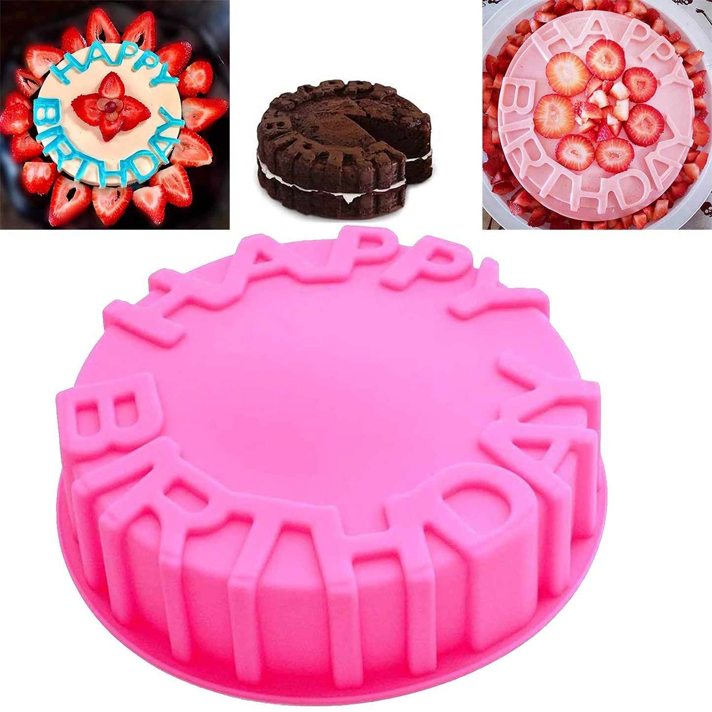 OMDBAGD Birthday Cake Molds for Baking Silicone Cake Pan Tools，Non-stick Cheese Reusable and Durable Pastry Mould for Dessert, Cookie, Bread, Pudding, Jelly, Chocolate and More（Pink、7.9in）