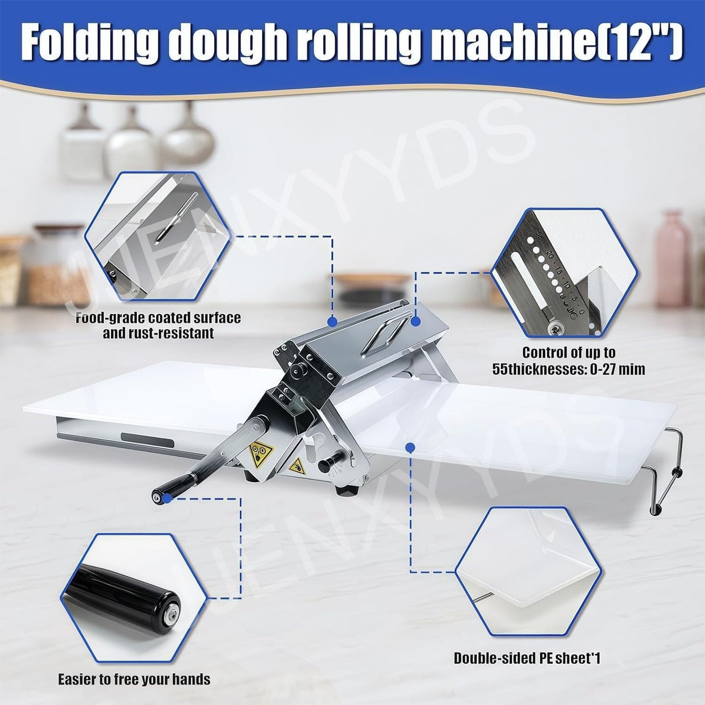 Croissant Dough Laminator,Commercial Dough Roller Sheeter,Dough Machine Thickness Adjustable, Stainless Steel,Table Top Croissants Fondant Pizza Pastry Sheeter Machine,Type300