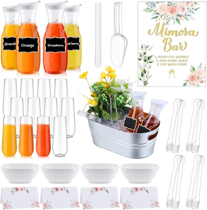 RimCereal 36 Pcs Mimosa Bar Supplies Includes Galvanized Tub 1L Carafe with Lid Champagne Glasses White Bowl Mimosa Bar Si...