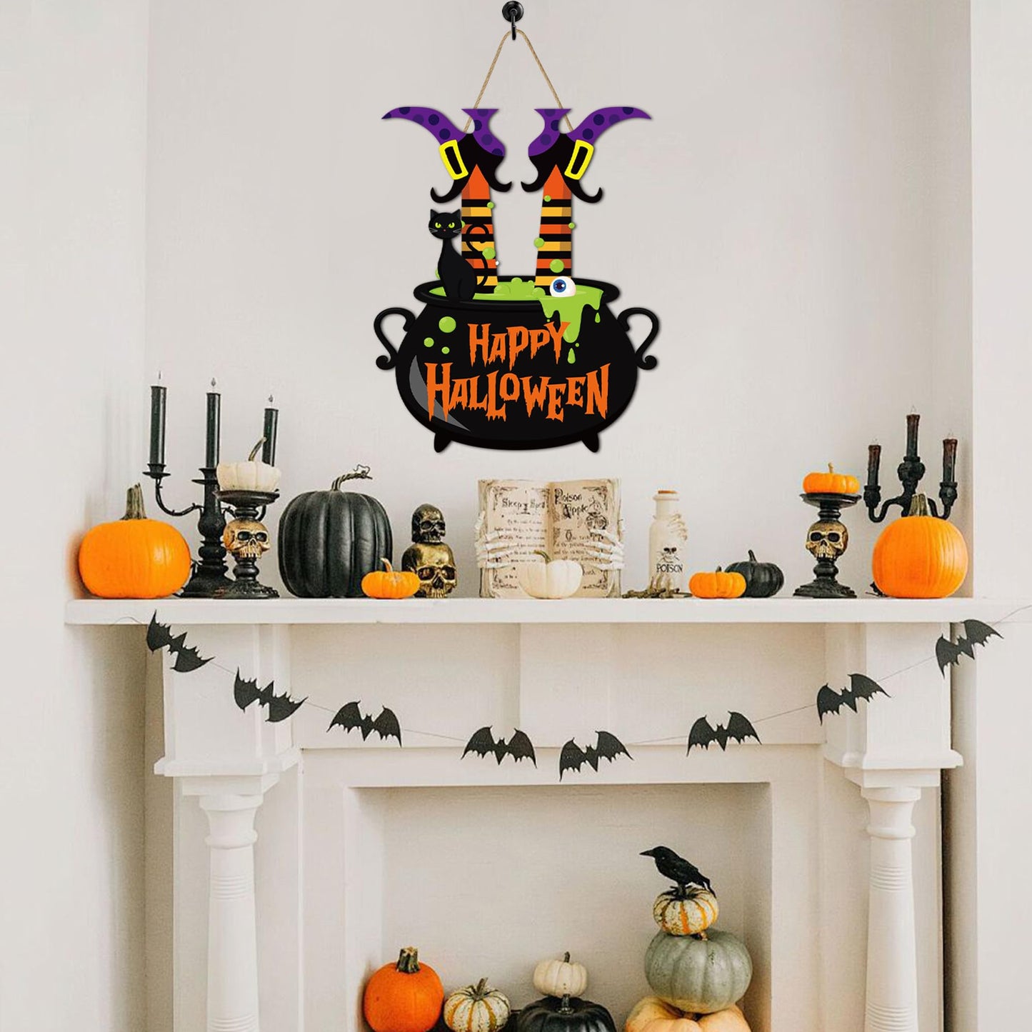 Halloween Witch Door Sign Happy Halloween Wooden Sign Plaque Witch Leg Front Door Hanging Decor Wood Welcome Signs for Home Farmhouse Hanger Porch Wall Decor Witches Party Supplies