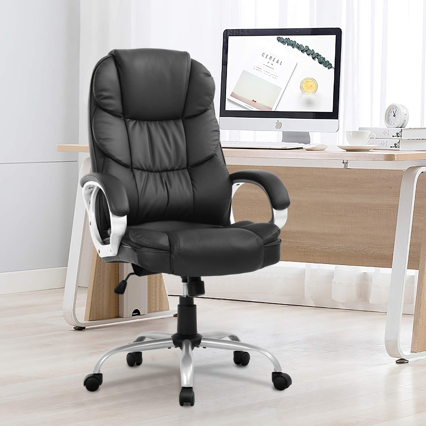 Ergonomic Office Chair,Computer Desk Chair High Back PU Leather Executive Rolling Task Adjustable Chair with Lumbar Support Headrest Armrest Swivel Chair, Black