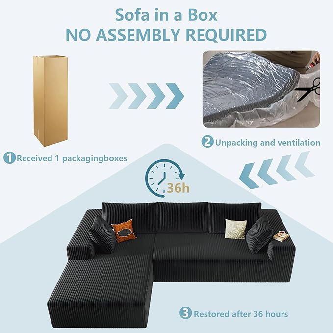 96" Cloud Sectional Couch with L-Shape Chaise, Modern Corduroy Boneless Couch for Living Room,Memory Foam Sofa with Deep Seat,No Assembly Required (Black,Left-Facing Chaise)