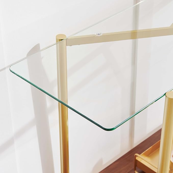 Pine Flicker Rectangle Glass Console Table, Mid-Century Modern Design, L41*W14*H32 inch, for Living Room, Clear Glass Top and Walnut Finish Wood Shelf, Conical Metal Legs with Gold Finish