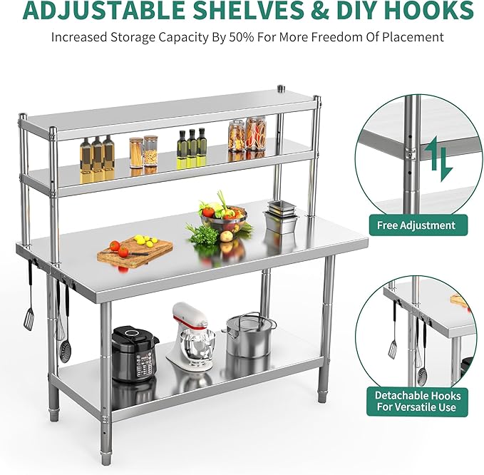 YITAHOME NSF Stainless Steel Table with Overshelves, 42" X 24" Work Table with 42" X 12" Shelf, Metal Table Prep Table for Home Kitchen Restaurant Garage Warehouse