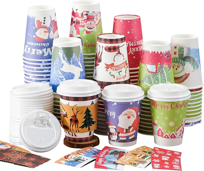 Dorizeg Christmas Cups with Lids and Sleeves 12oz Disposable Coffee Cups with Lids Hot Chocolate Cups 10 Designs, Christma...