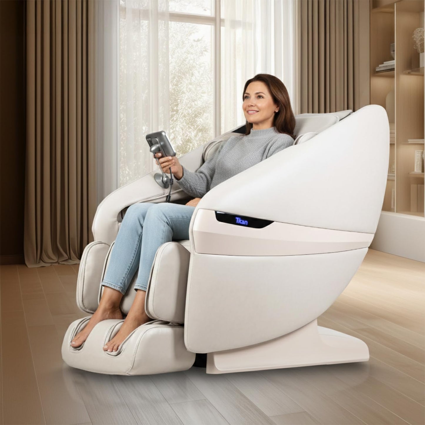 Titan eCabin 3D l by Osaki l Full Body Massage Chair l Intelligent Health Detection l Fatigue Recovery l SL Track l 2 Stage Zero Gravity Reclining l Bluetooth Speakers (Taupe)