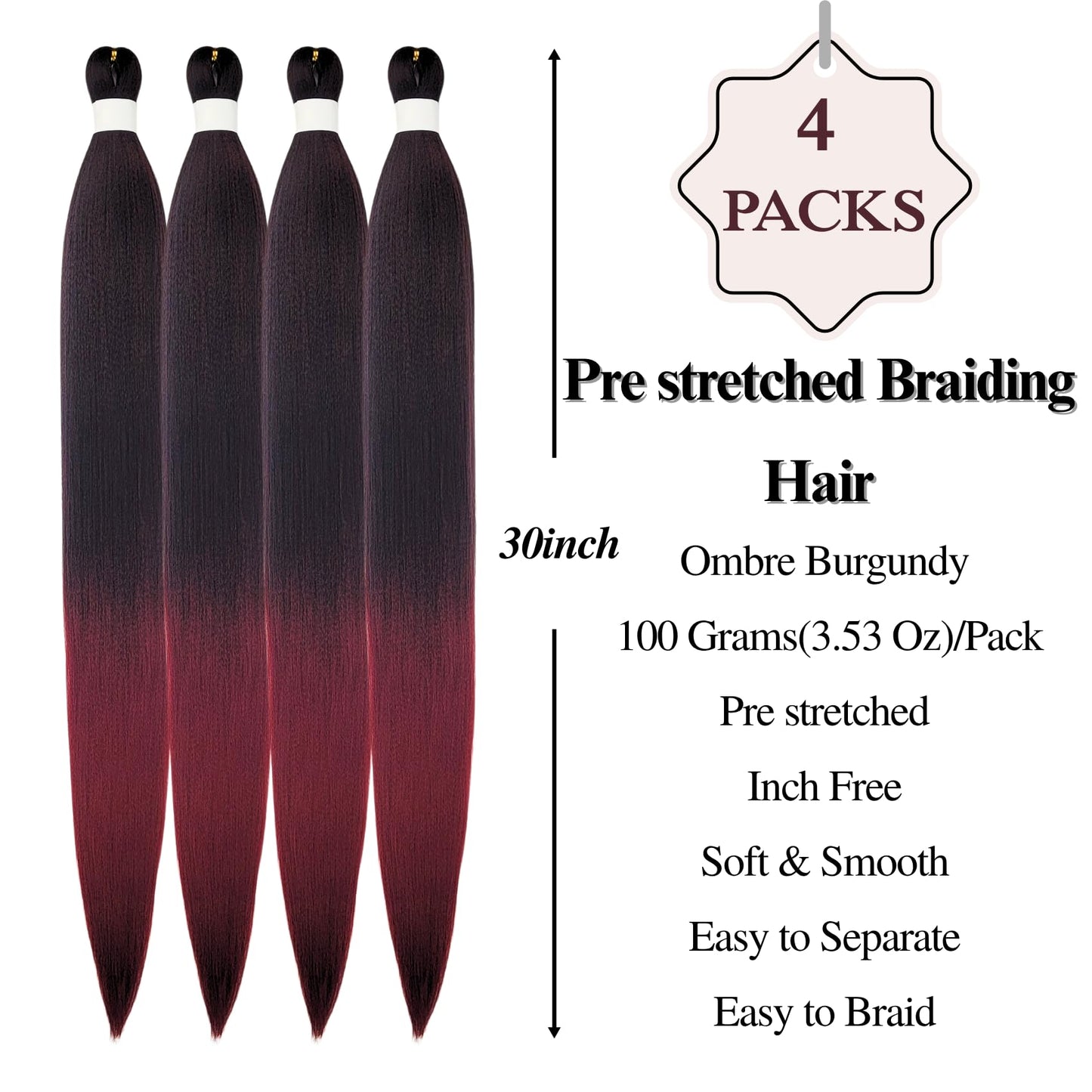 Burgundy Ombre Braiding Hair Pre stretched Synthetic Boho Braiding Hair for Boho Braids(30 inch, Packs of 5)
