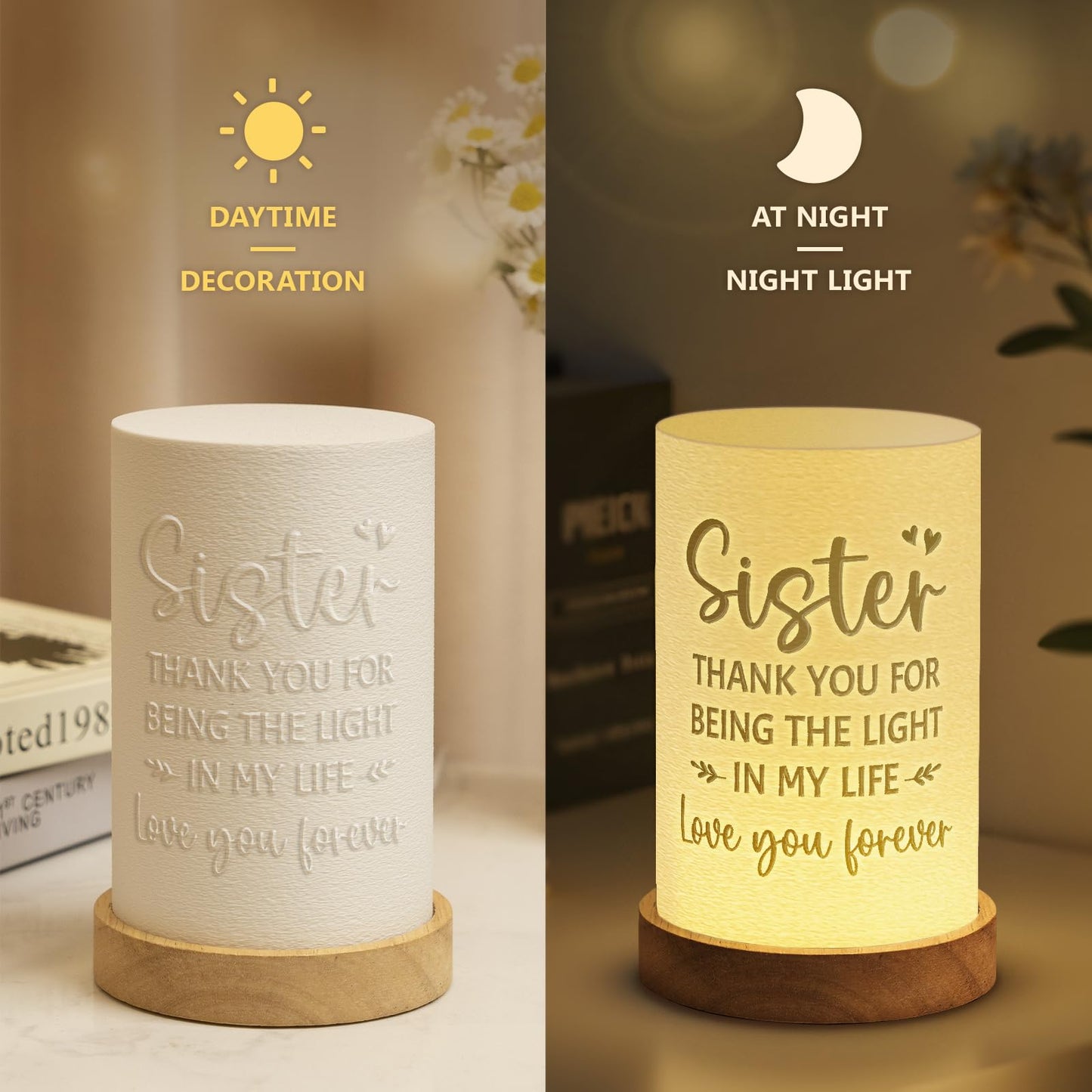 Afterprints Sister Gifts from Sisters, Unique 3D Printed Night Light, Sister Birthday Gifts, Presents for Sisters on Wedding, Graduation, Christmas, Table Lamp with Wooden Base