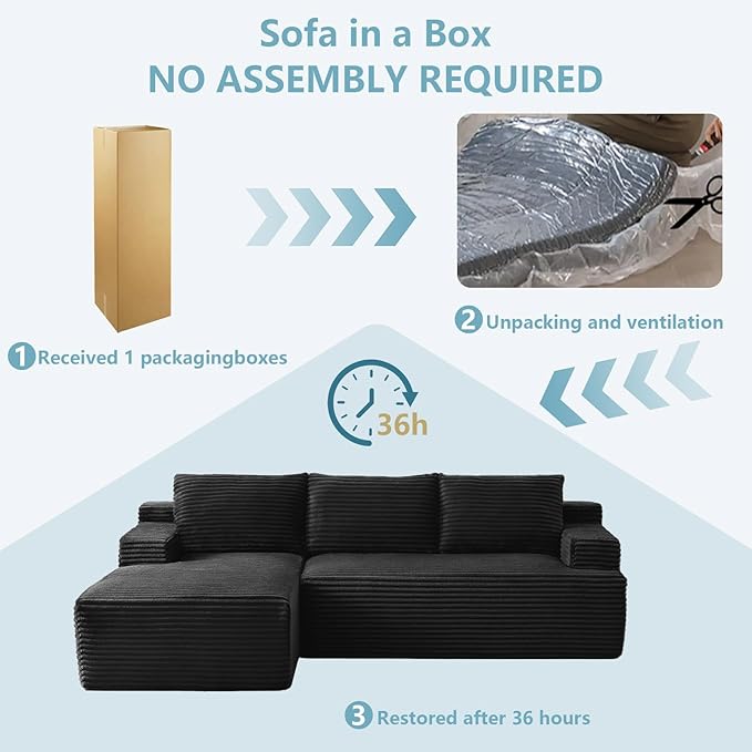 96" Cloud Sectional Couch with L-Shape Chaise, Modern Corduroy Boneless Couch for Living Room,Memory Foam Sofa with Deep Seat,No Assembly Required (Black,Left-Facing Chaise)
