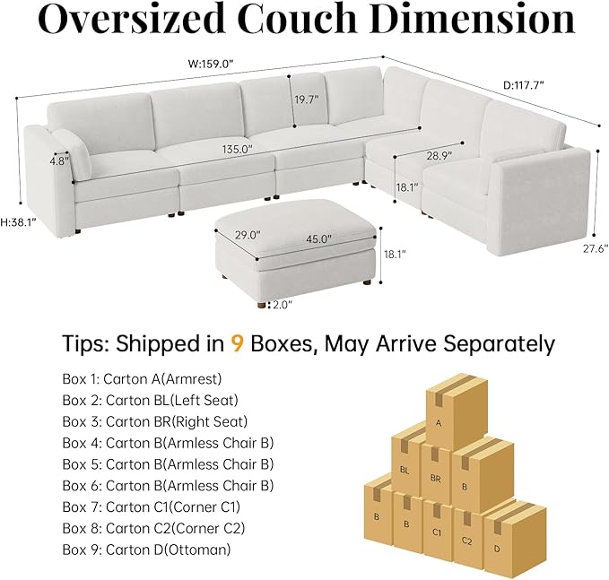 CUGOAO 159'' Modular Sectional Sofa, Oversized L-Shaped Sectional Couch with Ottoman, Deep Seat Chenille Cloud Couch, Mordern Upholstered Couches for Living Room, Apartment, Office, Beige