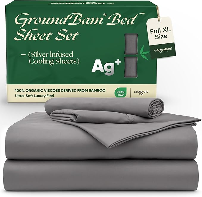 GroundBam Silver Infused Bed Sheets Set, Temperature-Regulating Fabric with Self-Cleaning Technology for 3X Freshness Sleep, Genuine 100% Organic Viscose Derived from Bamboo (Gray, Full XL)