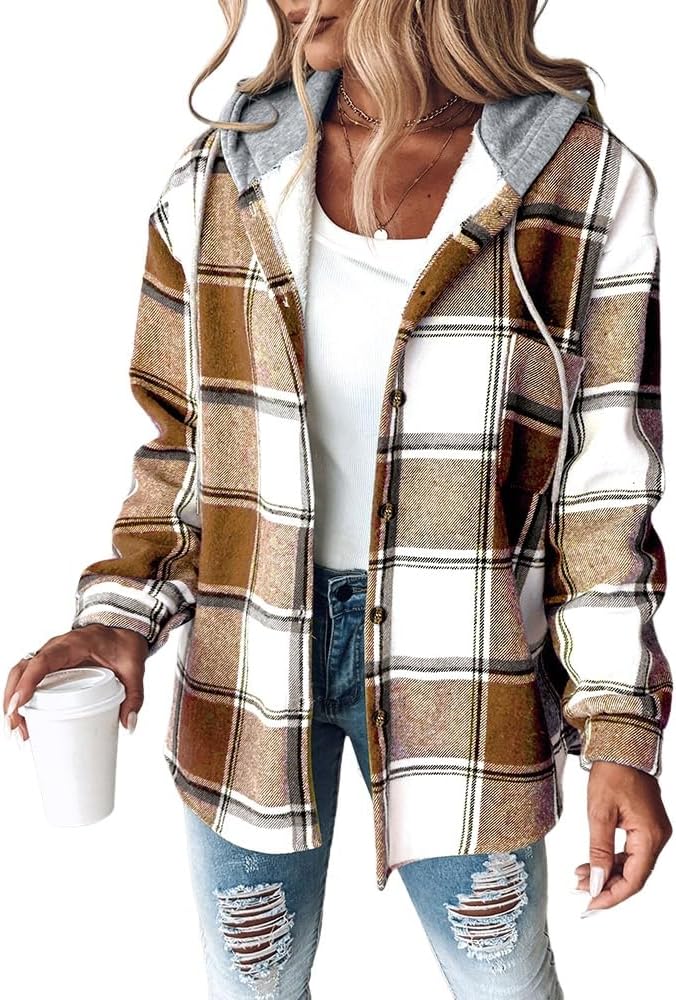 CHICME Womens Lightweight Casual Jacket Plaid Long Sleeve Shacket Fleece Lined Hooded Jackets Warm Coat