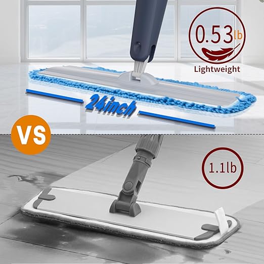 24" Dry mops for Floor Cleaning, Microfiber mop Spray System, Commercial Heavy-Duty Wet mops with 28oz Big Tank, 2 Washable Pads, Restaurant, Lobby, Pool, Factory, Office, Warehouse, Concert, Library