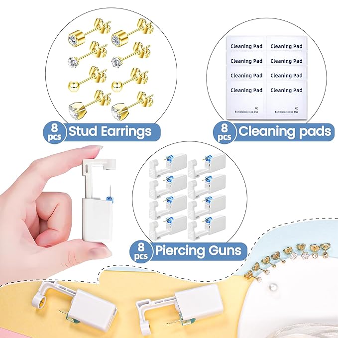 Get the Perfect Ear Piercing with 24Pcs Premium Ear Piercing Kit - Includes 8 CZ Stones Earrings and 8 Easy-to-Use Self Ear Piercing Gun - Safe and Painless - Style 1