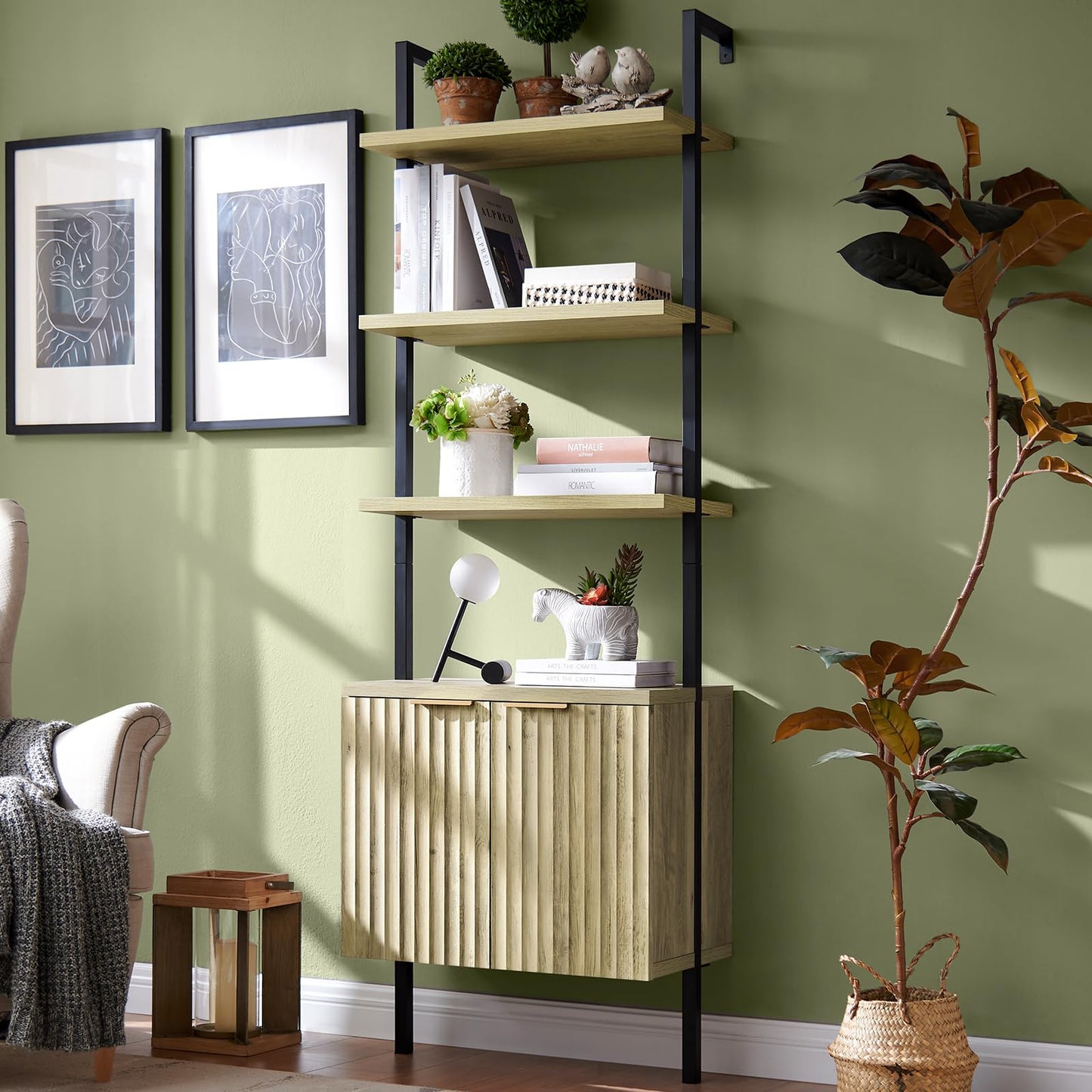 OAKHAM HOME Oxford Bookshelf, Ladder 5 Tier Open Bookshelf, Tall Book Shelf with Cabinet, Wall Mount Bookshelves with Display Rack, Bookcase with Shelves for Bedroom, Living Room, Sunwashed Ash Oak