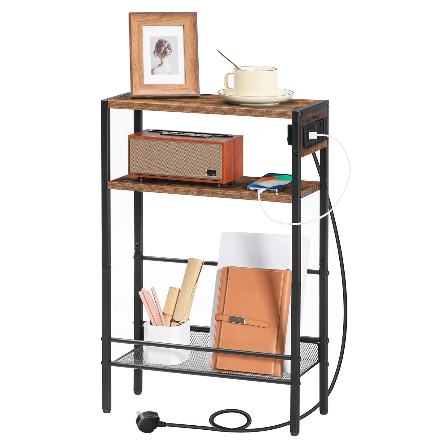 HOOBRO Slim Side Table with Charging Station, Narrow Bedside Table for Small Spaces, 3-Tier End Table with USB Ports and Power Outlet, Rustic Brown and Black EBF102KBZ01