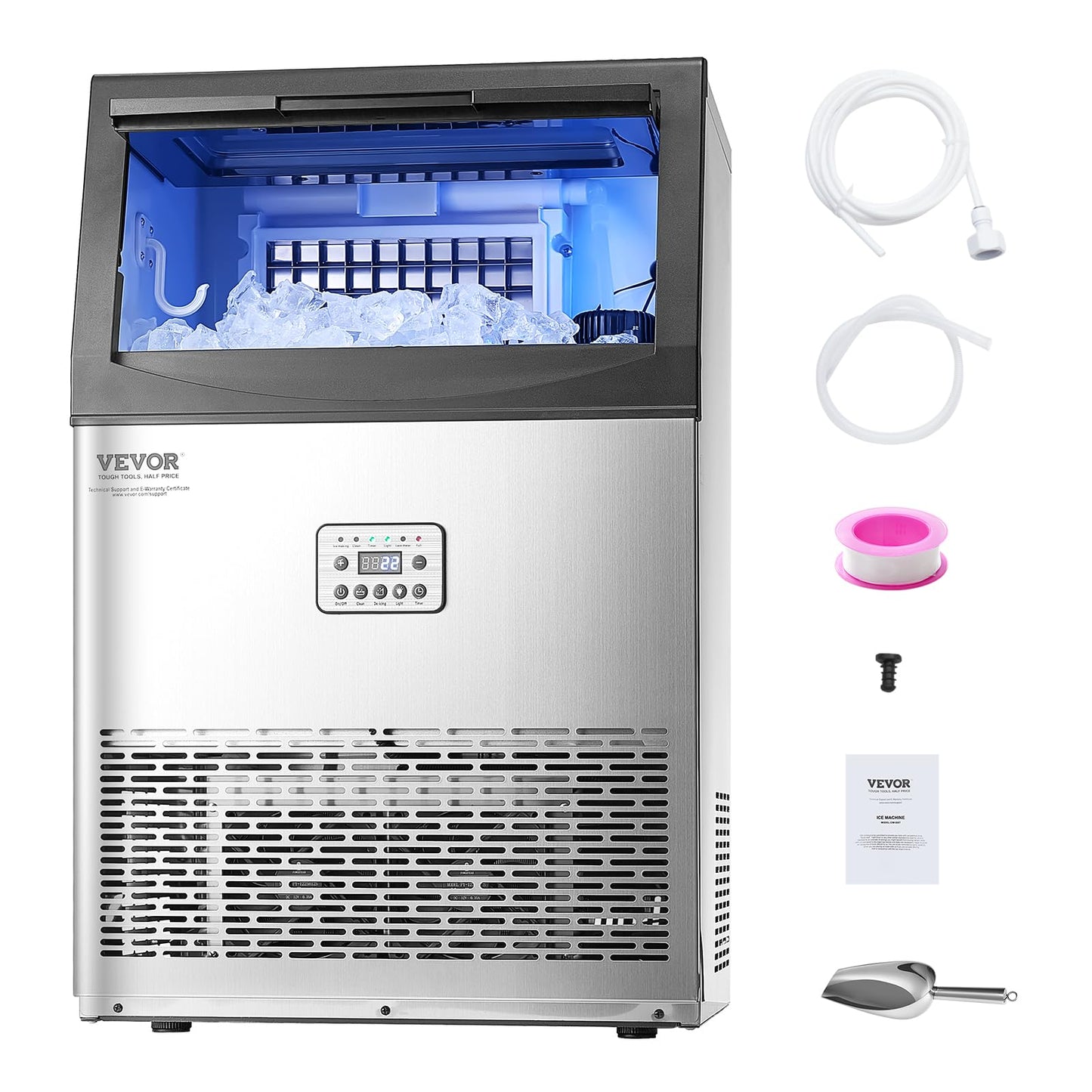 VEVOR Commercial Ice Maker Machine, 90lbs/24H Ice Maker Machine with 33lbs Storage Capacity, 50 Ice Cubes in 15 Minutes, LED Digital Display Freestanding Self-Cleaning for Bar Office Restaurant