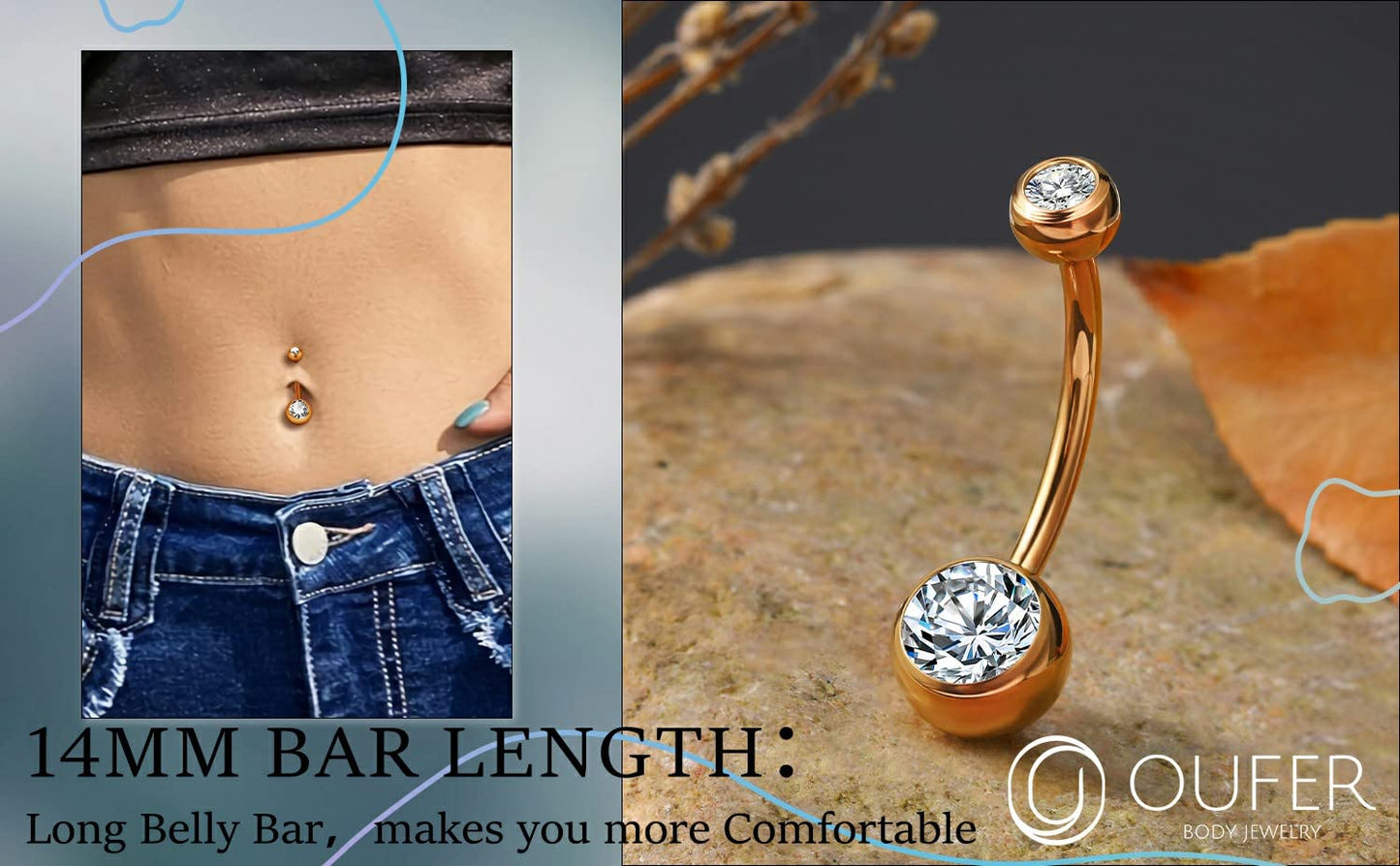 OUFER Titanium Belly Button Rings, Internally Threaded 14mm Long Belly Ring, Round CZ Navel Rings for Women Men (Rosegold)