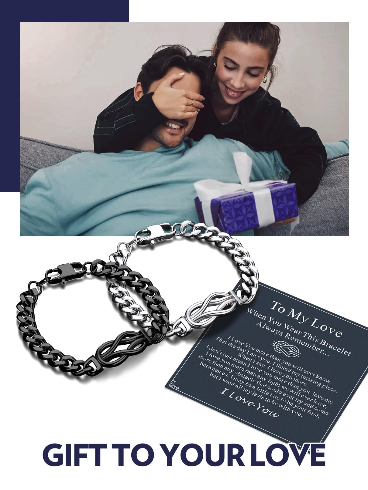 Bandmax Gift for Him BF Husband Infinity Love Knot Chain Bracelet with Love Message Card Luxury Look Mens Link Bracelets 9 Inch Ideal Gift for Valentines Day Christmas Father's Day